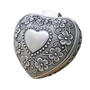 Heart-Shaped Floral Metal Trinket Box With Velvet Lining 2" Small Keepsake Jewel